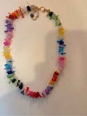 Rainbow Beaded Charm Necklace with Hamsa Evil Eye